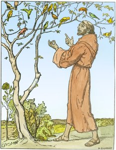 鳥に説教するアッシジの聖フランシス（c.1181-1226）（後の着色） 作： Hellmut Eichrodt